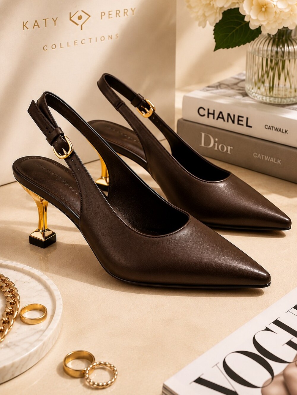Katy Perry Collections Coffee Brown Slingback Pumps Sculptural Gold Heel NIB 7.5